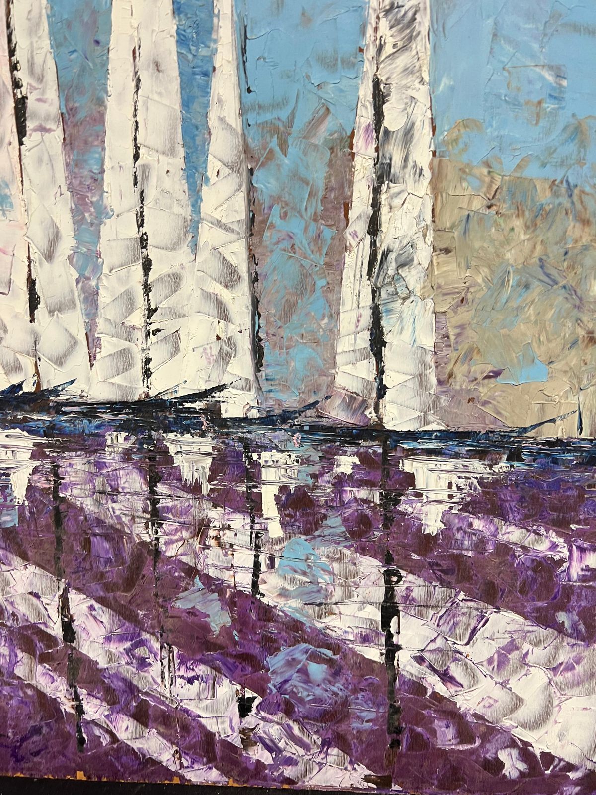 French Cubist 1950'slarge Mid 20th Century French Cubist Oil Painting Sailboats In Abstract Harmony1950's photo vinterior