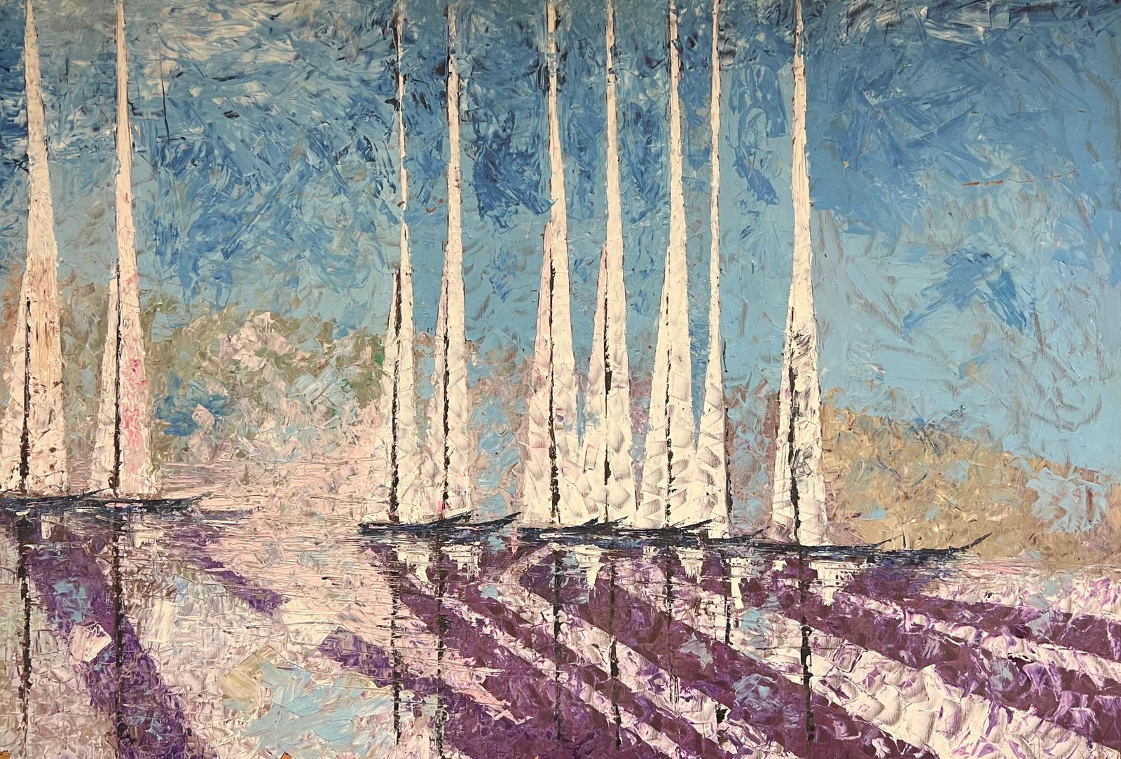 photo buy French Cubist 1950'slarge Mid 20th Century French Cubist Oil Painting Sailboats In Abstract Harmony1950's