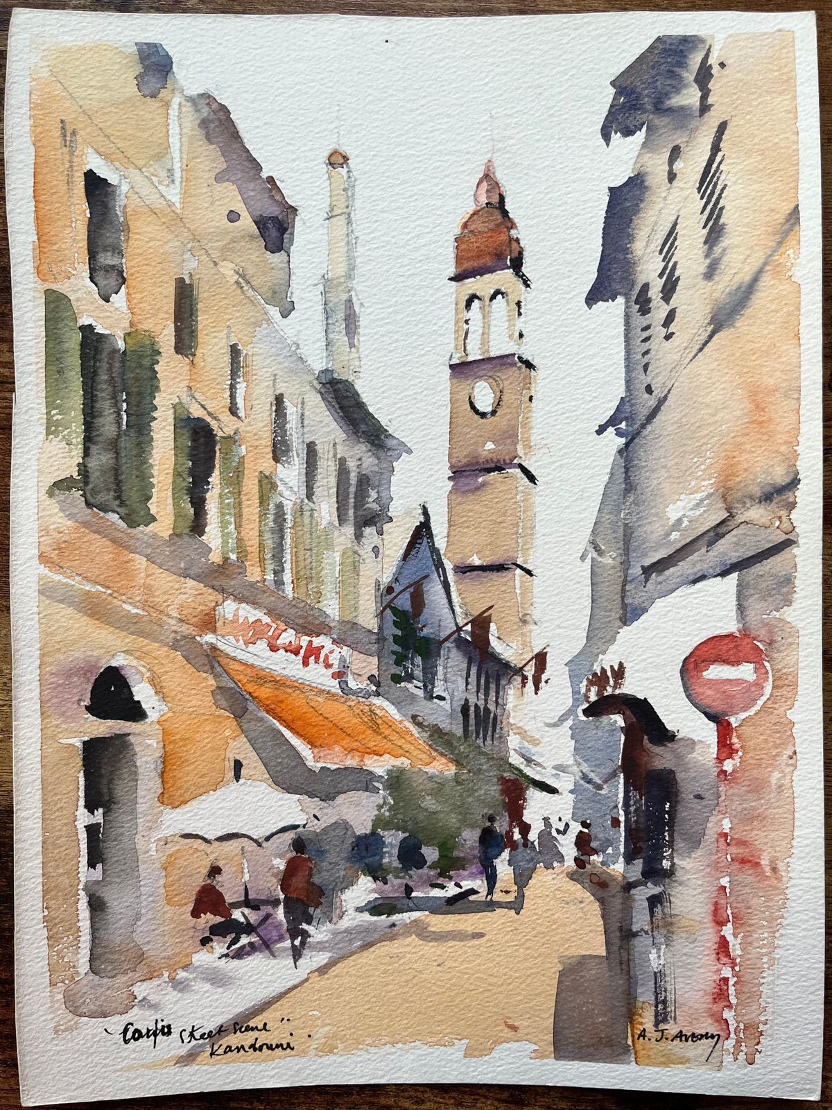 Anthony Averybritish Impressionist Watercolor Of A Café Street Scene In Kandouri photo furniture