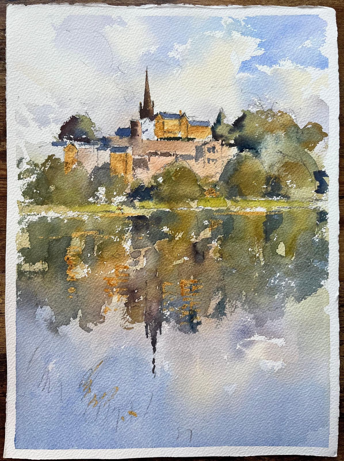 Anthony Averybritish Impressionist Watercolor Of Hilltop Village And Church With Reflections photo furniture