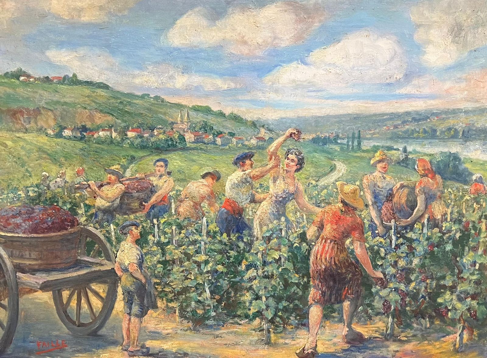 Louis Faillethe Grape Harvest Large 1920's French Signed Oil Harvest Workers Vineyard1930's photo Art