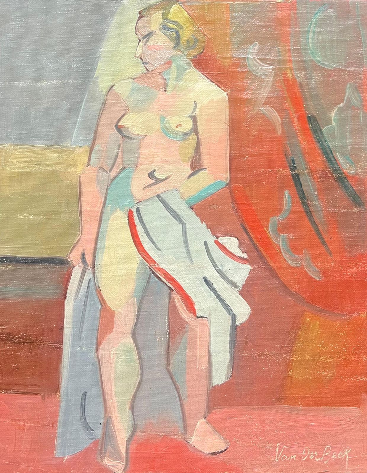 Henri Van Der Beck1930's French Cubist Nude Signed Oil Lady Vibrant Geometric Composition1930's