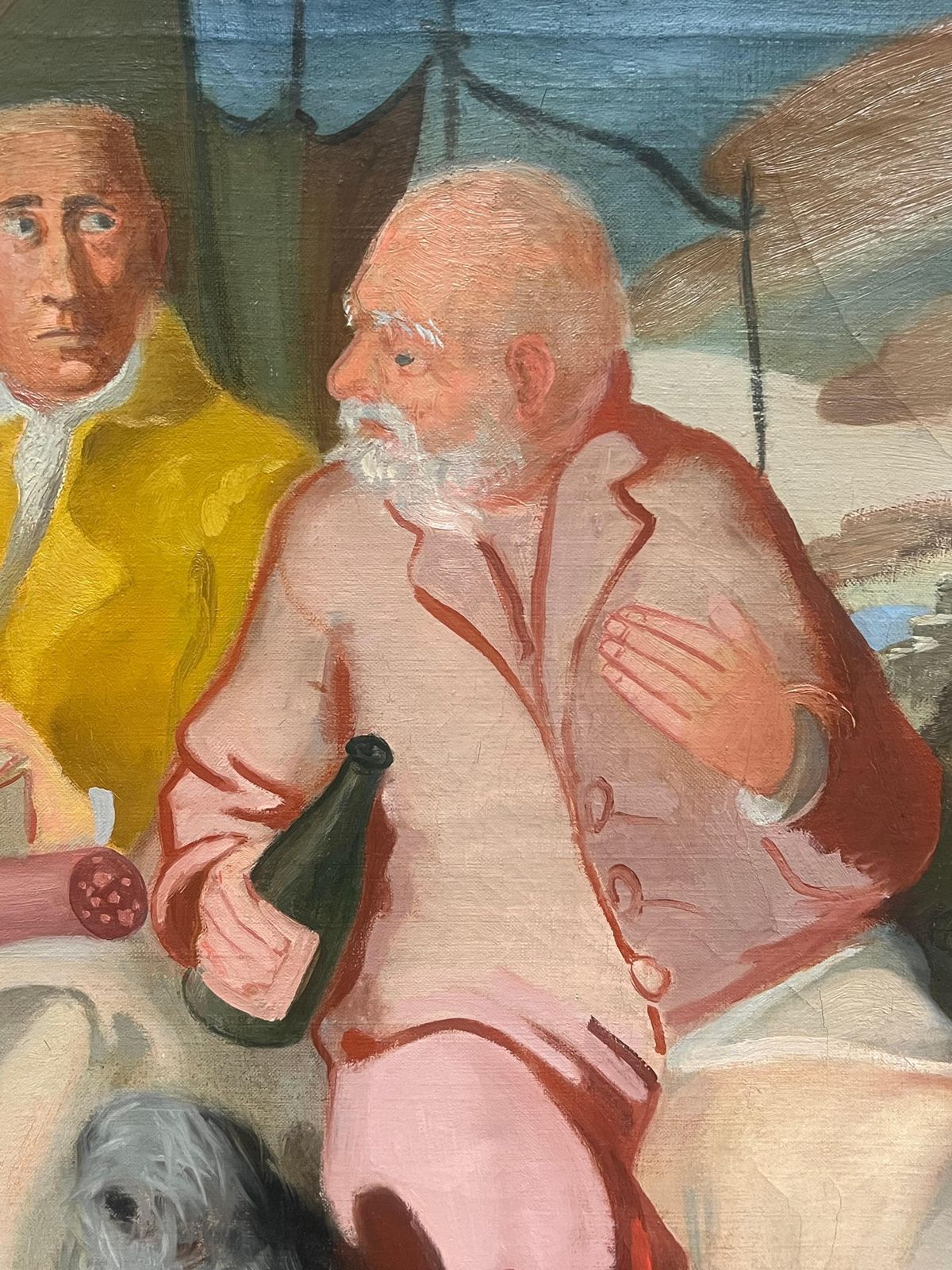 Pierre Georgeotlarge Mid Century French Oil Three Figures Seated Picnic Conversation photo for sale