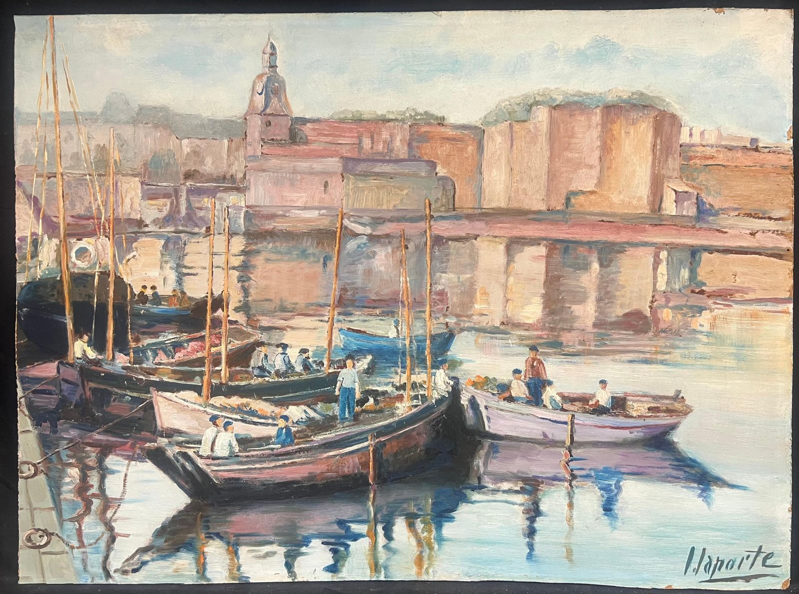 French Schoollarge Mid Century French Impressionist Signed Oil Painting Busy Fishing Harbor1950's photo furniture