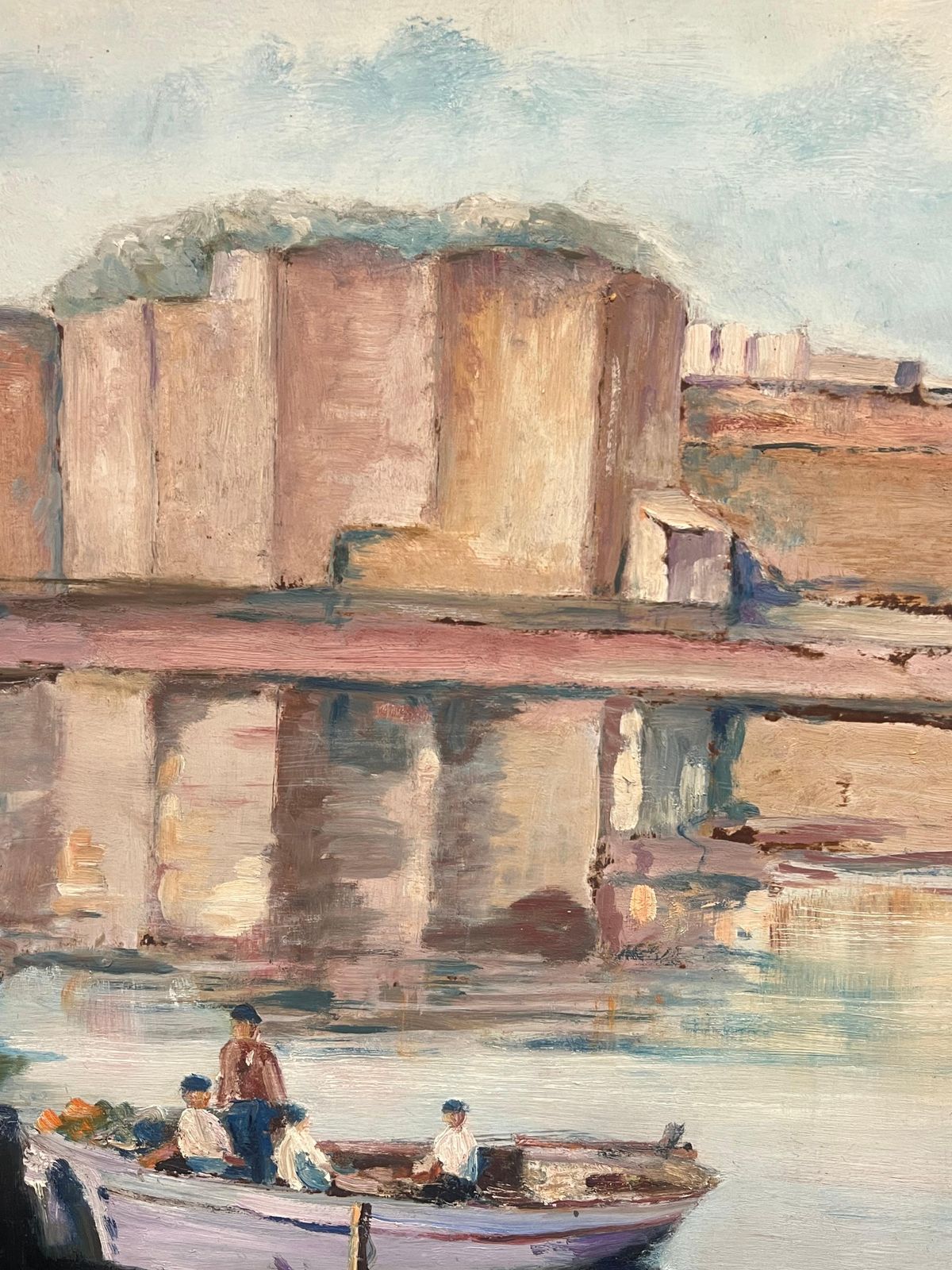 French Schoollarge Mid Century French Impressionist Signed Oil Painting Busy Fishing Harbor1950's photo for sale