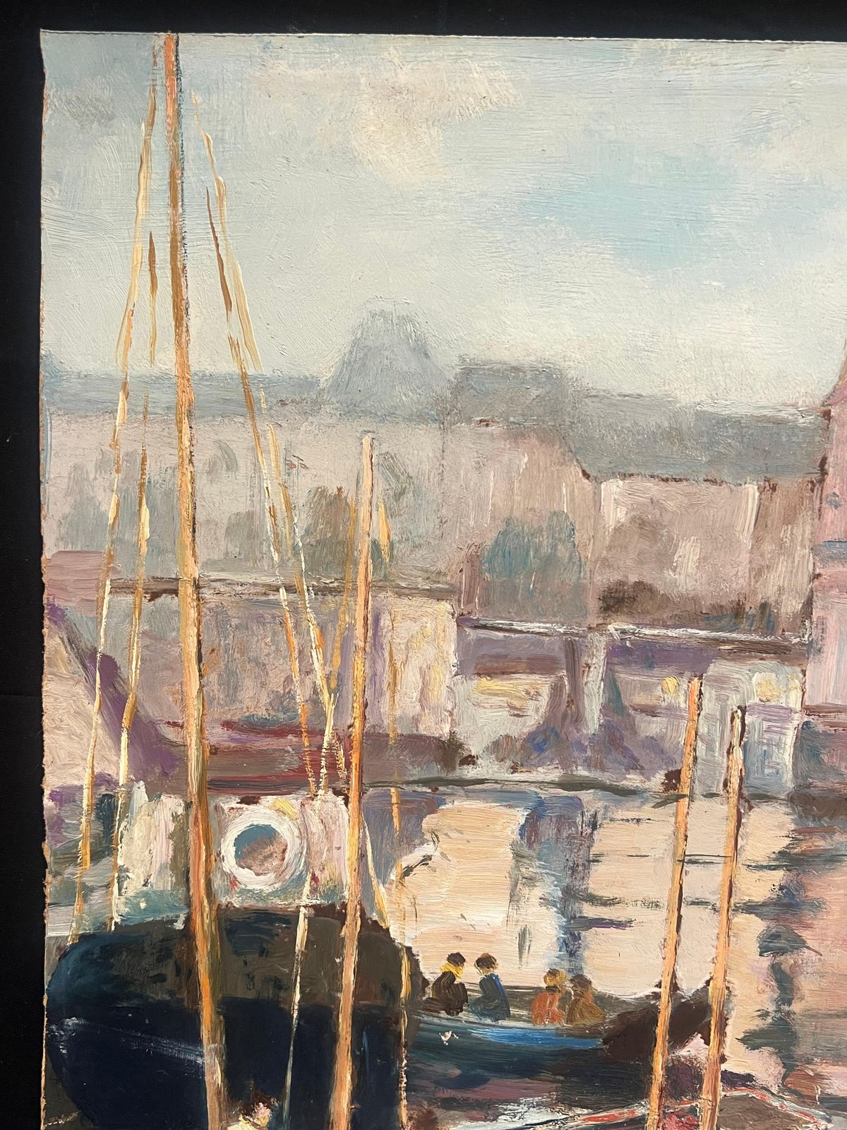 Art French Schoollarge Mid Century French Impressionist Signed Oil Painting Busy Fishing Harbor1950's photo