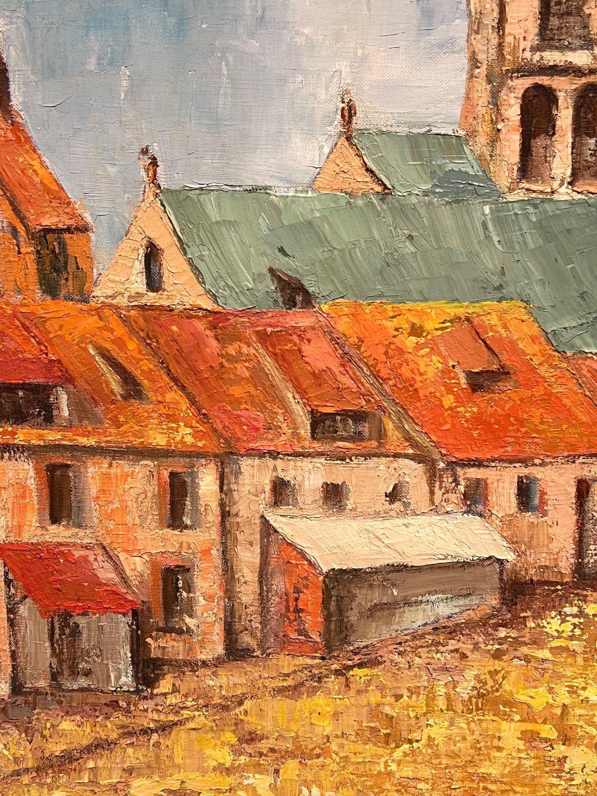 French Schoollarge French Post Impressionist Oil Painting Town & Church Landscape, 1970's1970's photo vinterior
