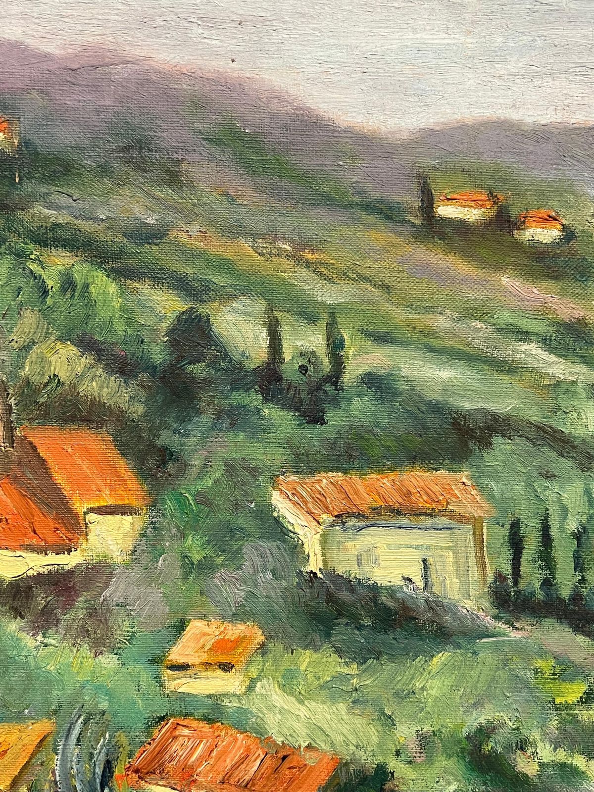 French Schoolsunlit Village Landscape Vibrant Impressionist Oil Painting Hillside Hamlet1970's photo for sale