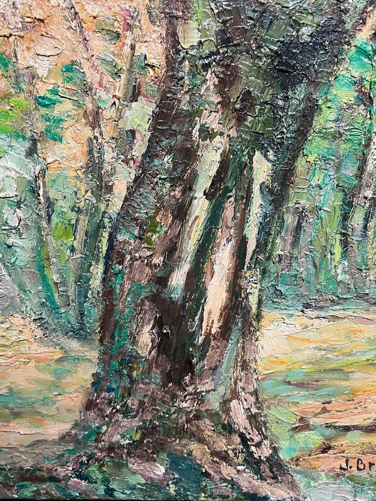 photo for sale J.Bredechelarge 1970's French Post Impressionist Oil Painting Of Dappled Sunlit Forest1970's