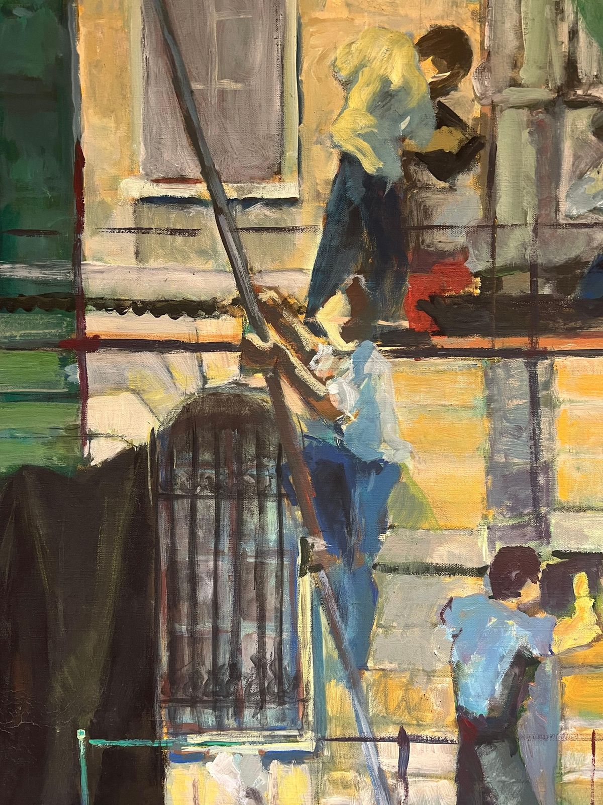 French Schoolhuge 1970's French Oil Painting Figurative Oil Painting Workers On Scaffolding1970's photo Art