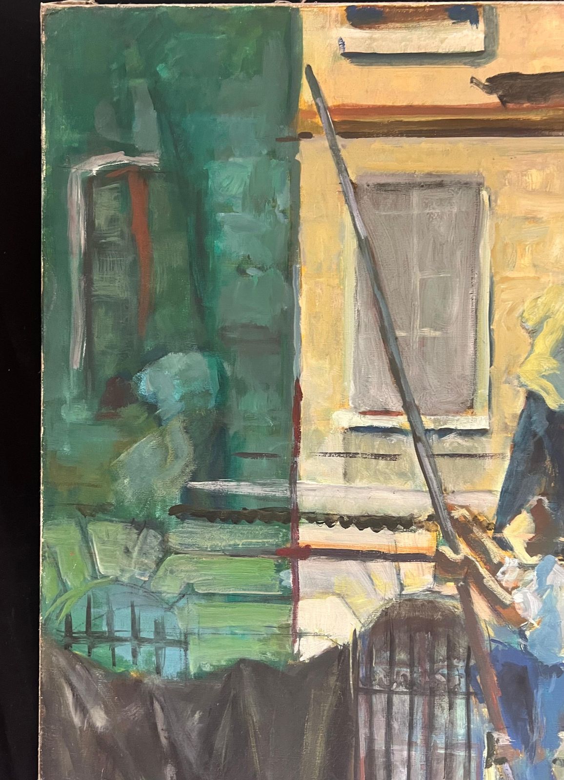 French Schoolhuge 1970's French Oil Painting Figurative Oil Painting Workers On Scaffolding1970's photo vinterior