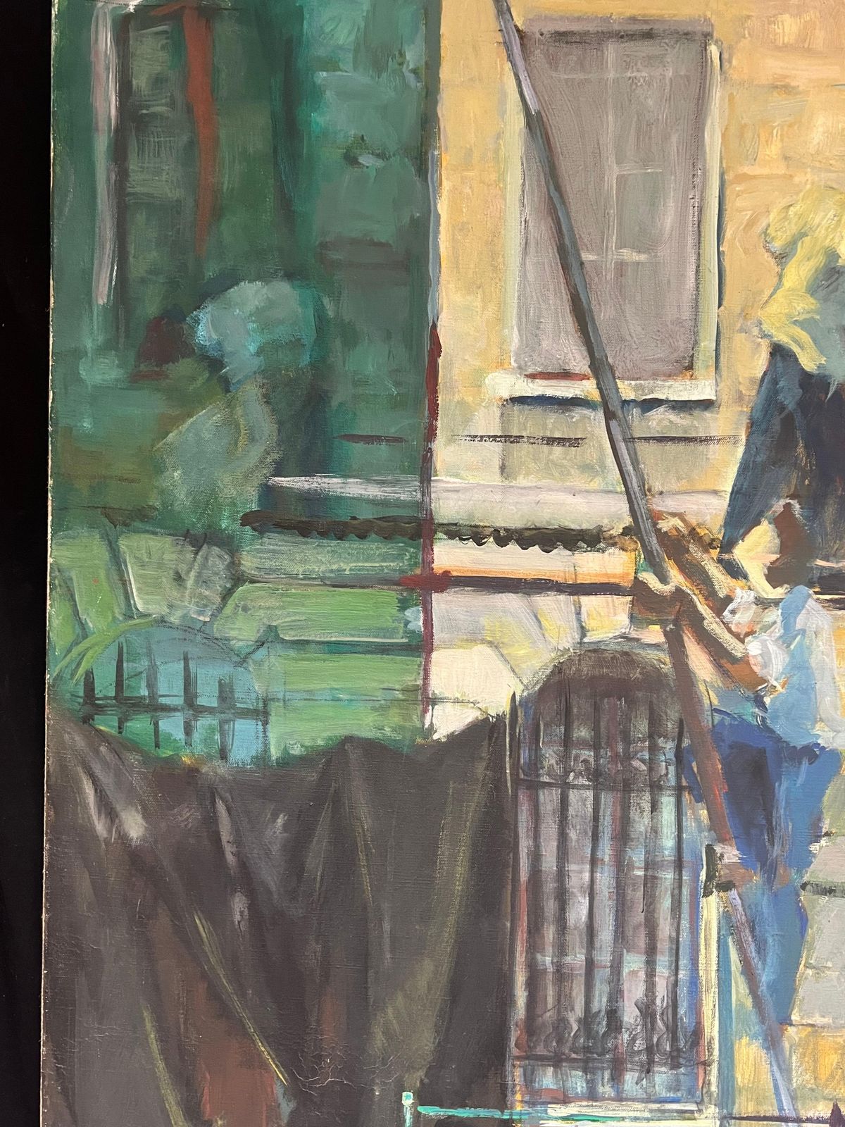 French Schoolhuge 1970's French Oil Painting Figurative Oil Painting Workers On Scaffolding1970's photo buy