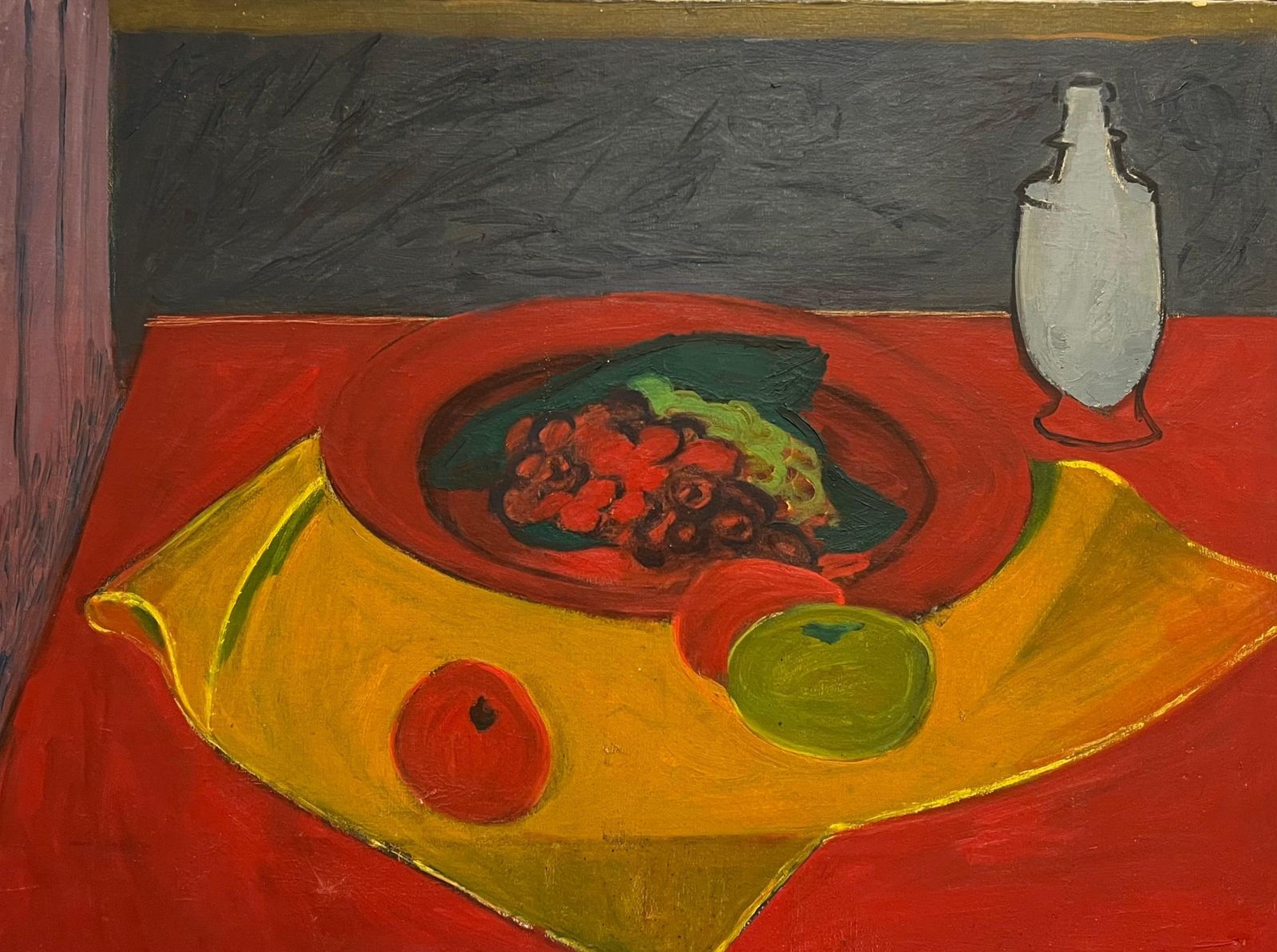 French School1970's French Bold Still Life Modernist Oil Painting Of Fruit And Red Drapery