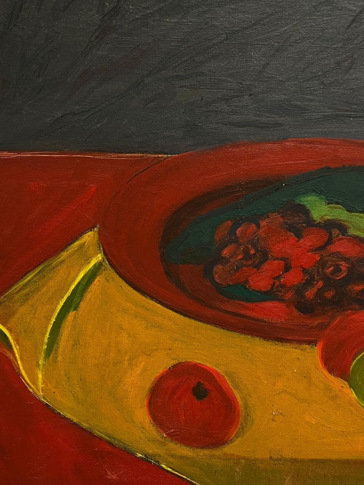 French School1970's French Bold Still Life Modernist Oil Painting Of Fruit And Red Drapery photo 1310.0