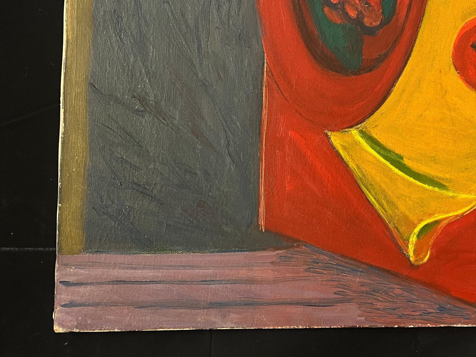 French School1970's French Bold Still Life Modernist Oil Painting Of Fruit And Red Drapery photo vinterior