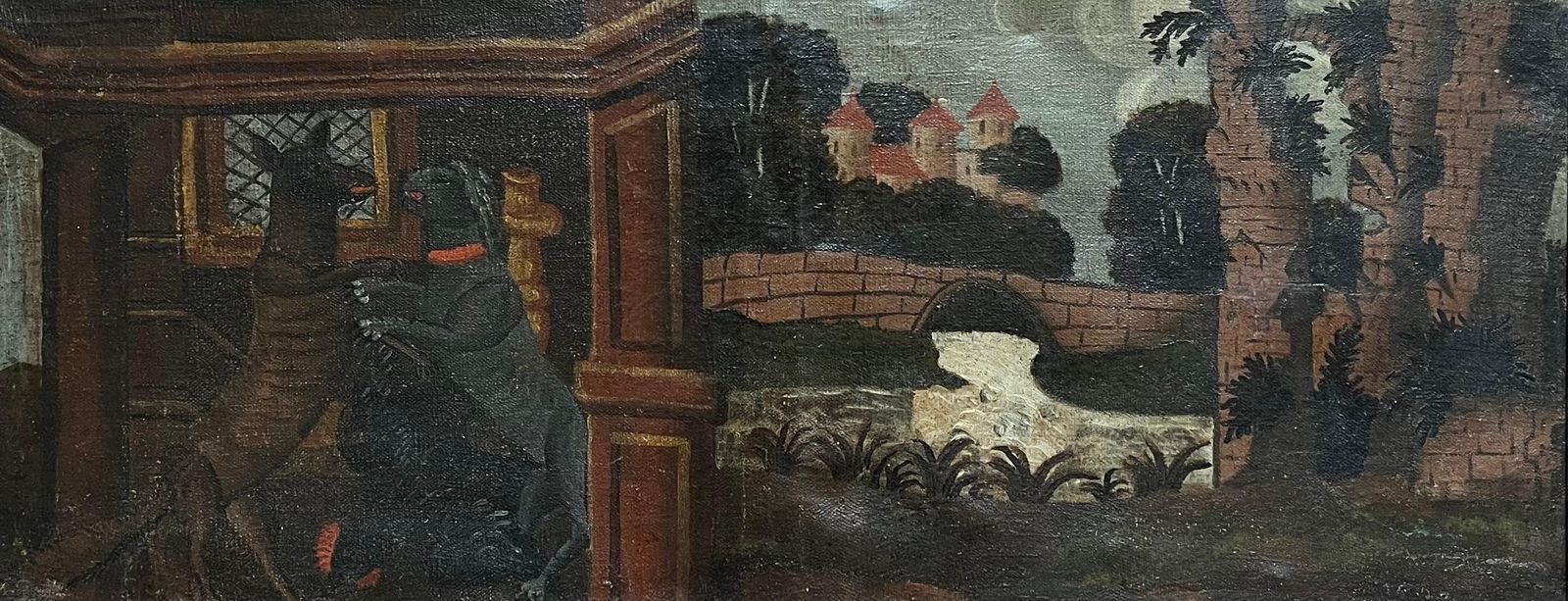 French Schoolhuge 18th Century French Oil Painting Dogs Fighting Medieval Castle Wooden Frame photo furniture