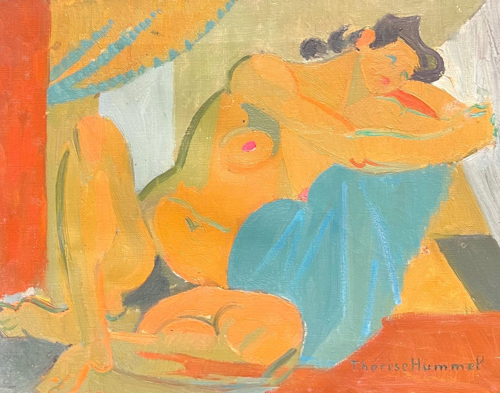 Therese Hummelmid 20th Century French Oil Painting Cubist Portrait Of Nude Lady Signed1954