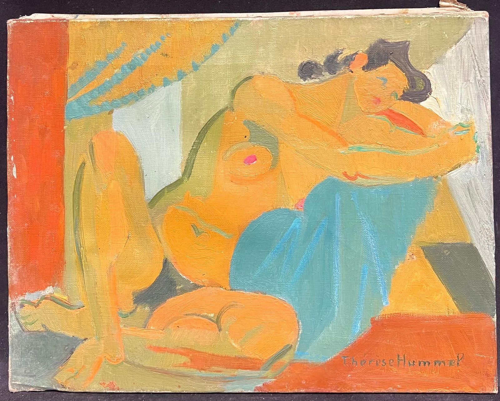 Therese Hummelmid 20th Century French Oil Painting Cubist Portrait Of Nude Lady Signed1954 photo furniture