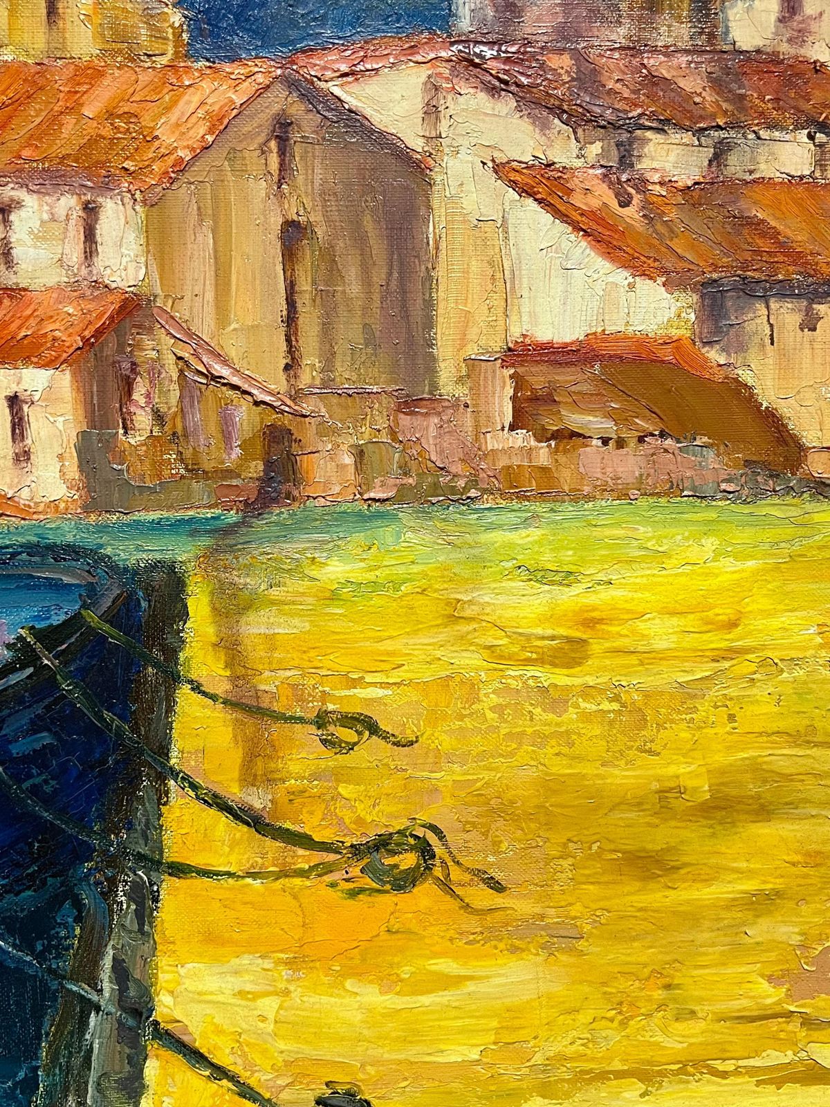 J.Bredechevibrant French Harbor Scene Impressionist Oil Painting Sailboat Coastal Village1970's photo vinterior