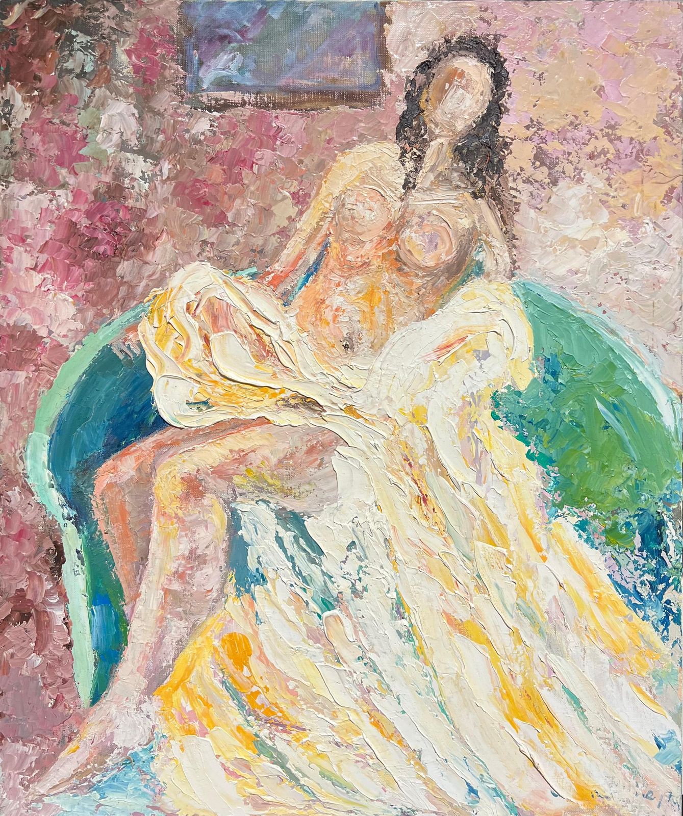 French School1970's French Post Impressionist Reclining Nude Thick Impasto Oil Painting1970's