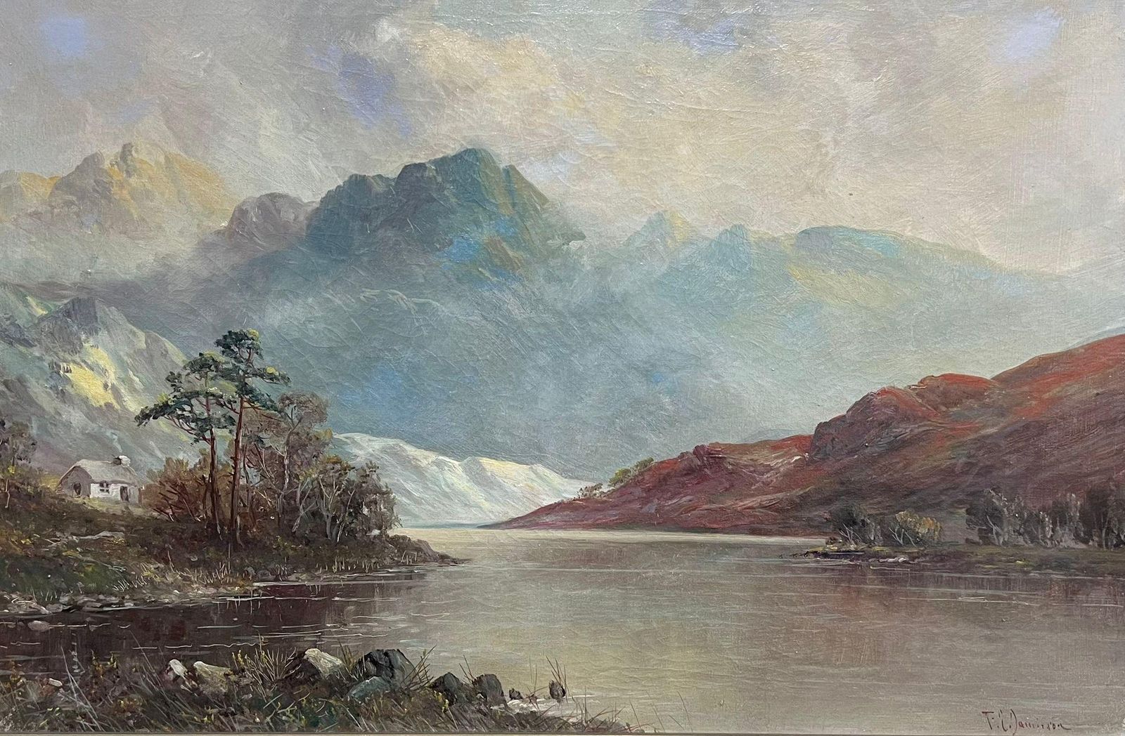 F. E. Jamiesontranquil Highland Reflection Oil Painting Mountain Loch With Cottage Perthshire1920's photo furniture