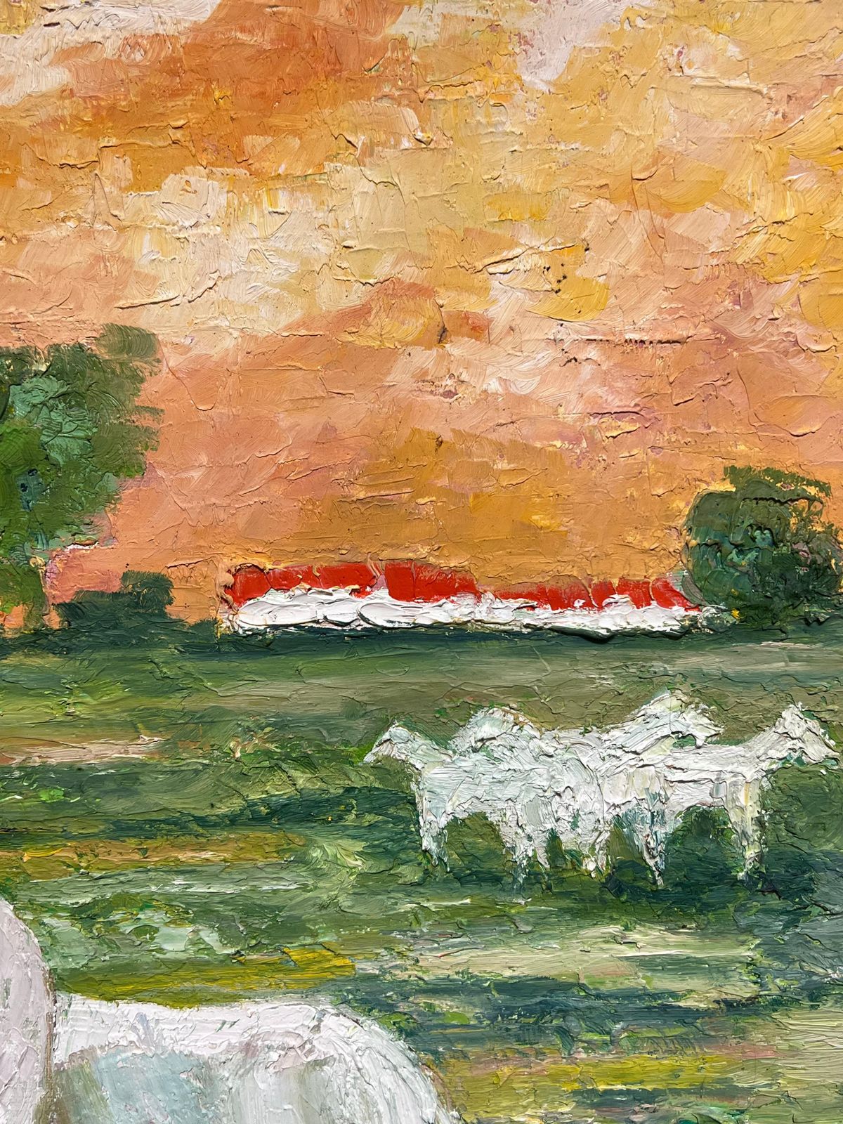J.Bredechewhite Horses Grazing At Sunset Vibrant French Post Impressionist Oil Painting1970's photo for sale