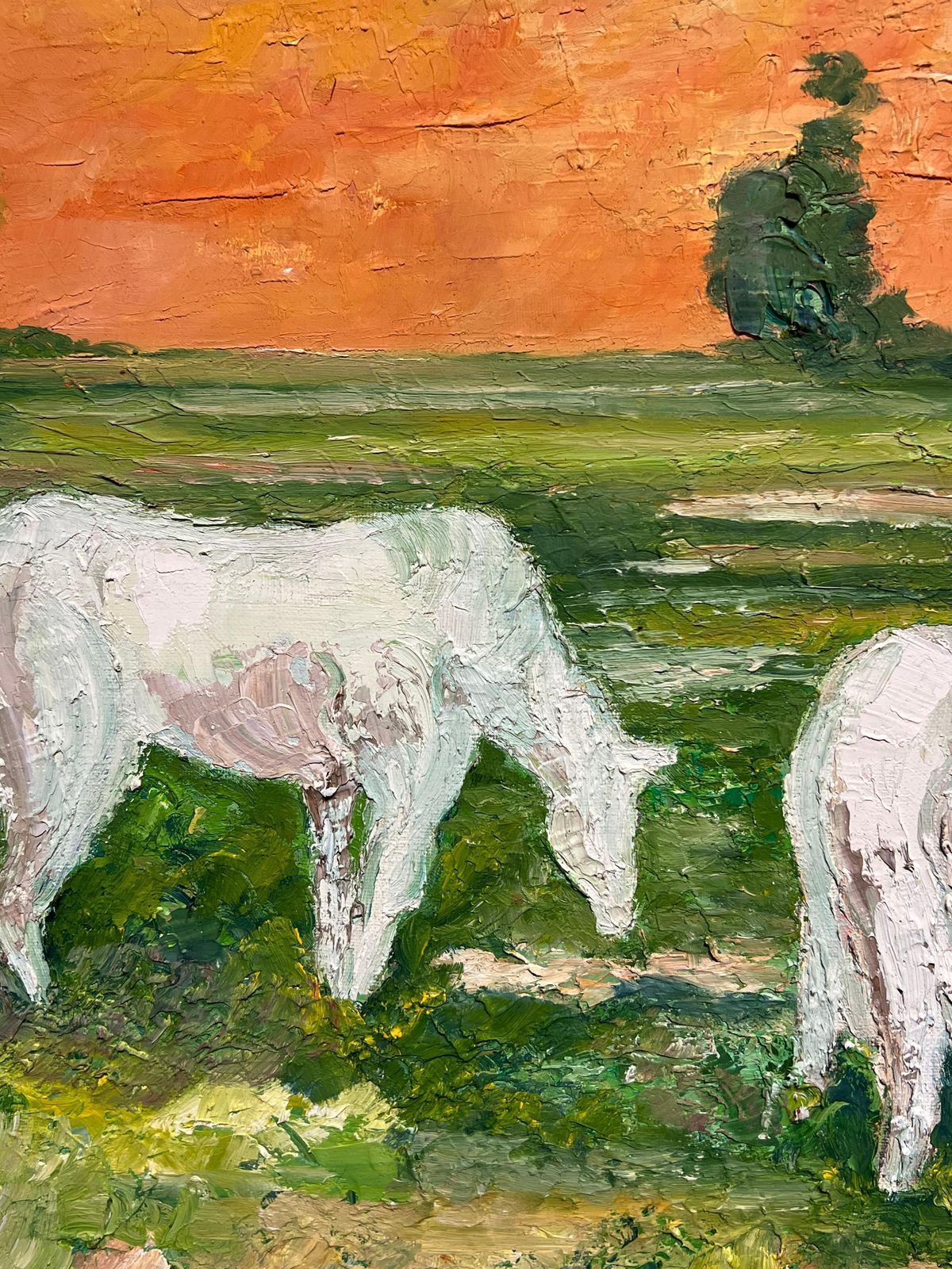 J.Bredechewhite Horses Grazing At Sunset Vibrant French Post Impressionist Oil Painting1970's photo vinterior