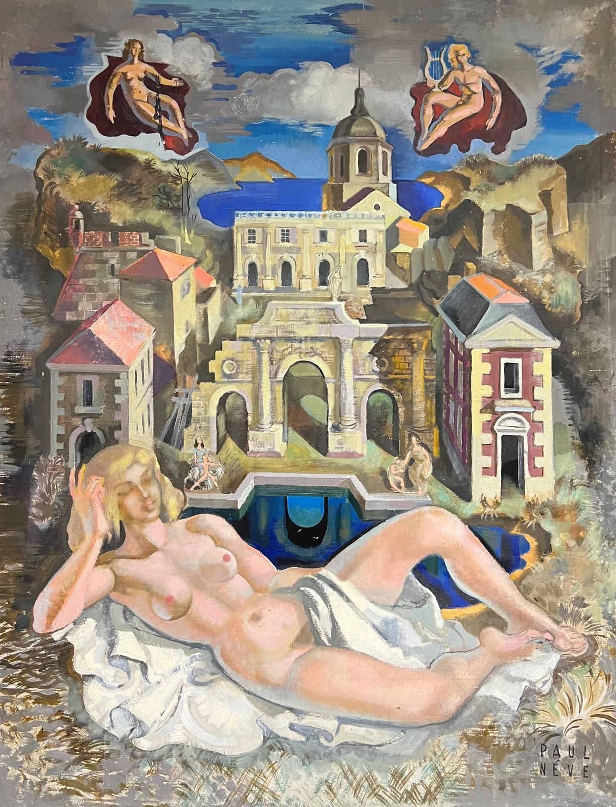French Schoolhuge 1950's French Nude Venus In Classical Architectural Dreamscape Mythical1950's photo for sale