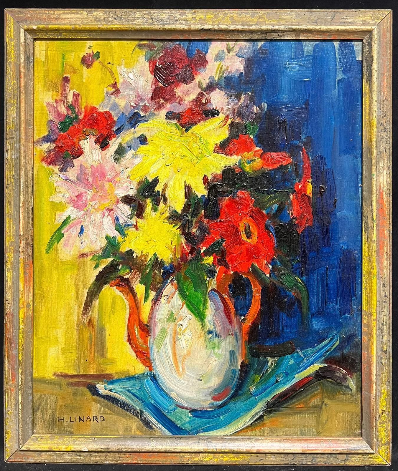 French Schoolmodern Vibrant Floral Arrangement White & Red Kettle Bold Colors Still Life Oil2001