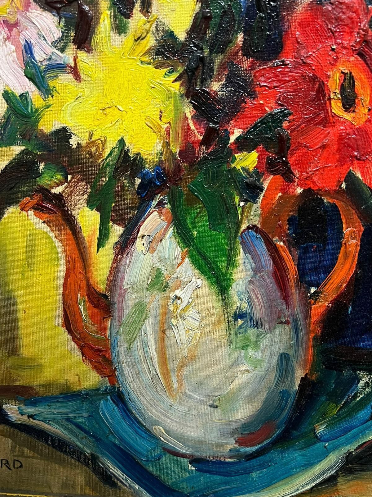 French Schoolmodern Vibrant Floral Arrangement White & Red Kettle Bold Colors Still Life Oil2001 photo buy