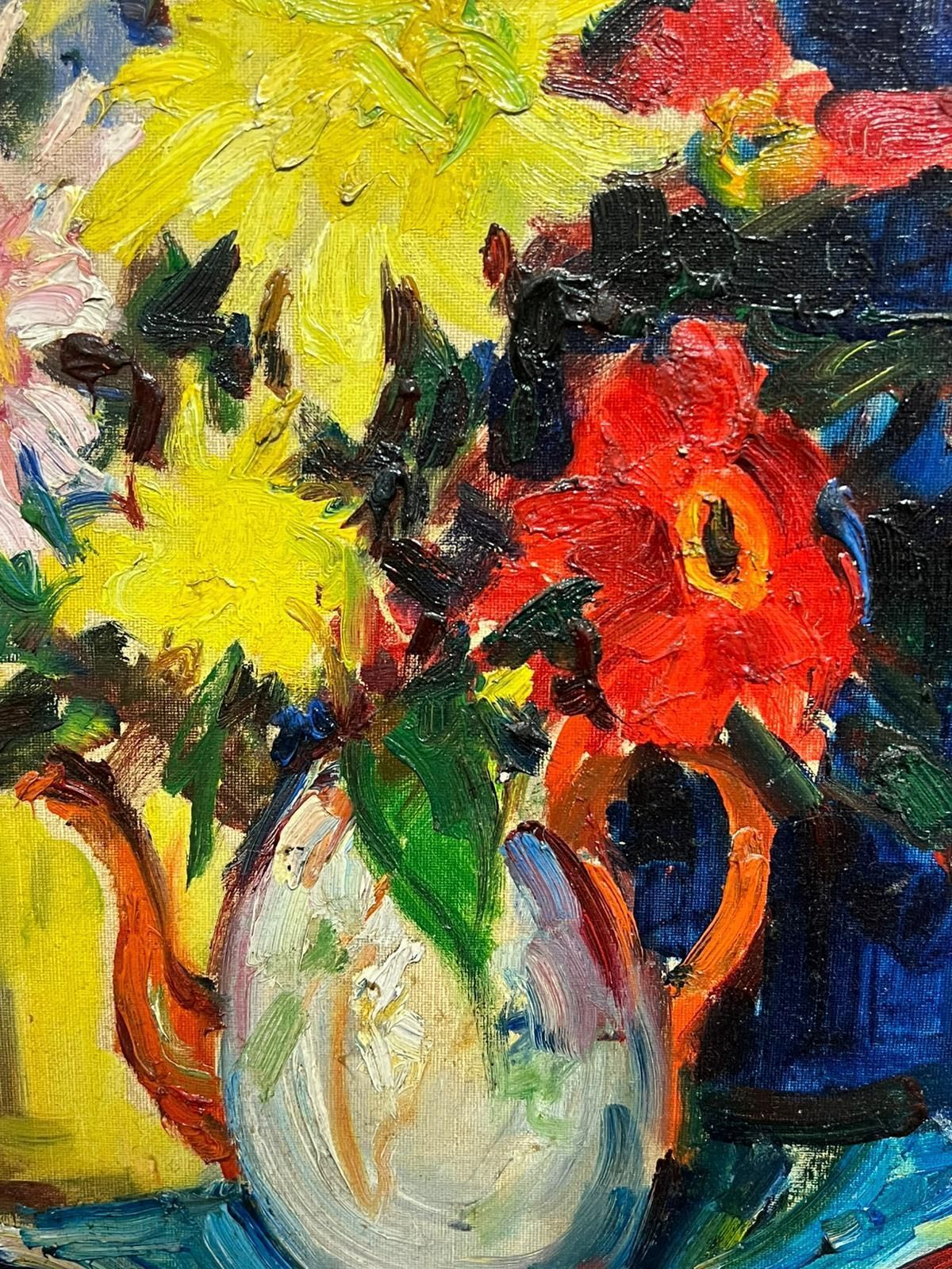 French Schoolmodern Vibrant Floral Arrangement White & Red Kettle Bold Colors Still Life Oil2001 photo vintage