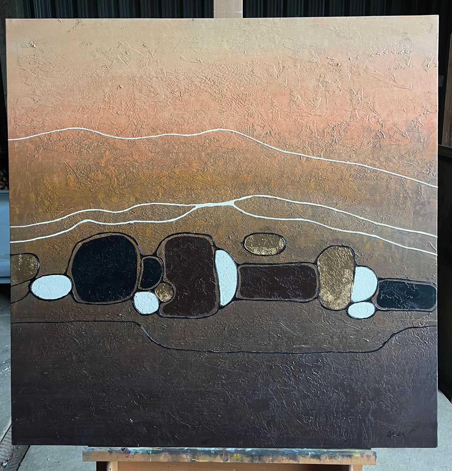 French Schoolhuge Contemporary Abstract Landscape With Gold Brown Earth Tones Oil Painting photo furniture