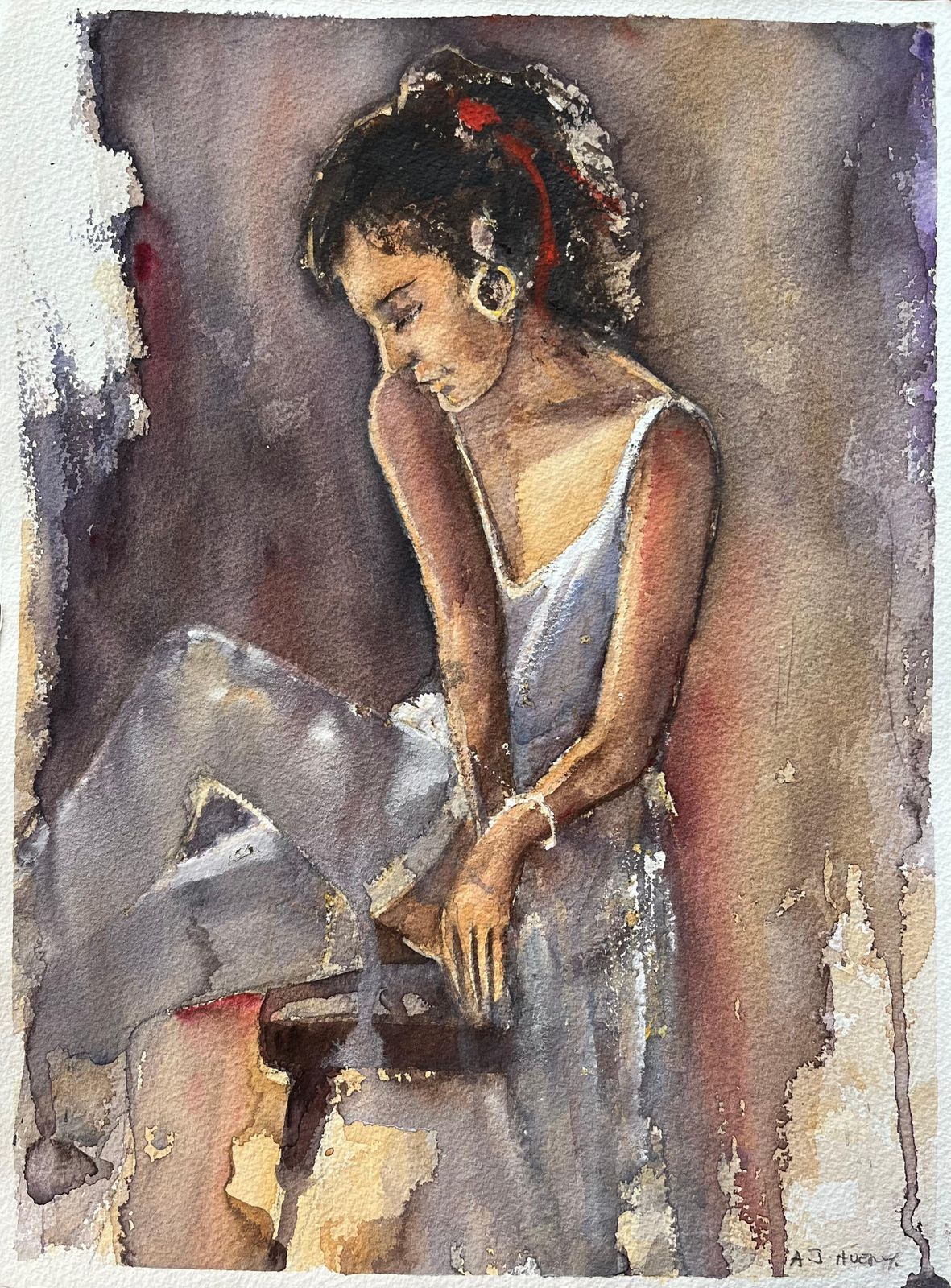 Anthony Averybritish Impressionist Watercolor Of A Profile Of A Seated Woman
