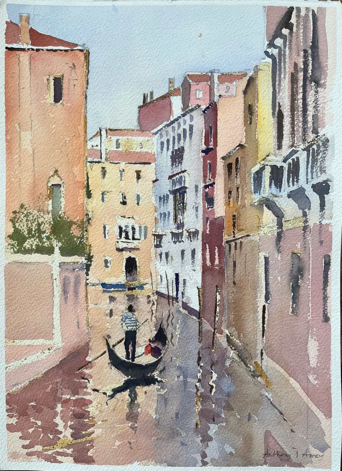 Anthony Averybritish Impressionist Watercolor Of Venetian Scene Of A Gondola A Tranquil Canal