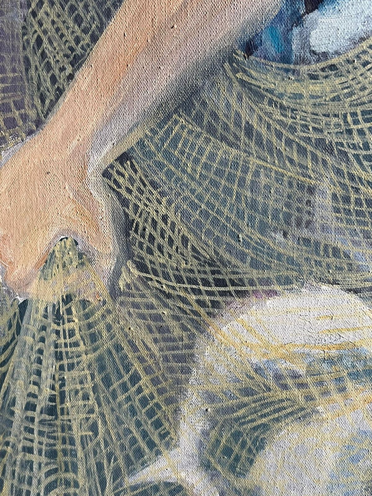 French School1950's French Modernist Blue Figurative Oil Painting Of A Fisherman Mending Nets1950's photo for sale