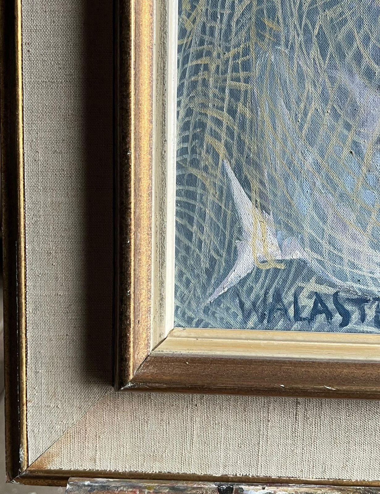 photo furniture French School1950's French Modernist Blue Figurative Oil Painting Of A Fisherman Mending Nets1950's