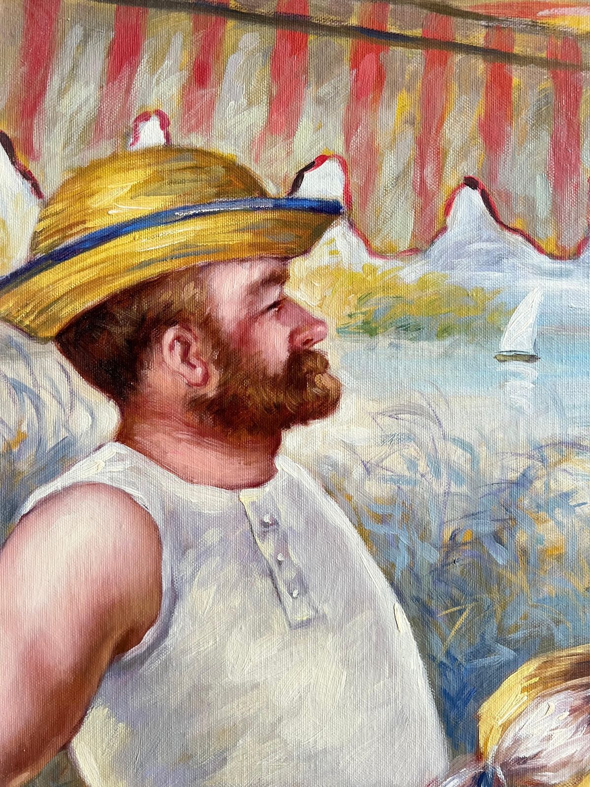 Very Large French Impressionist Signed Oil Painting Luncheon Of The Boat Party photo vintage