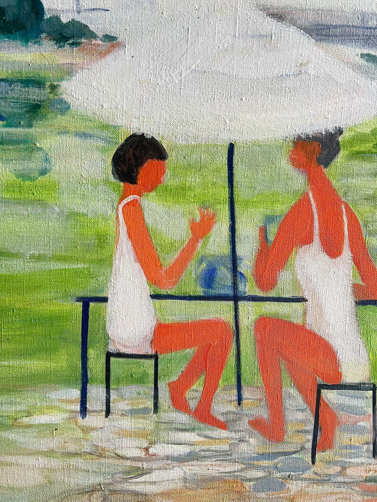 Huguette Ginet Lasnier Large Modernist French Landscape With Figures Sunbathing By The River Signed Oilc. 2000's photo 1478.0