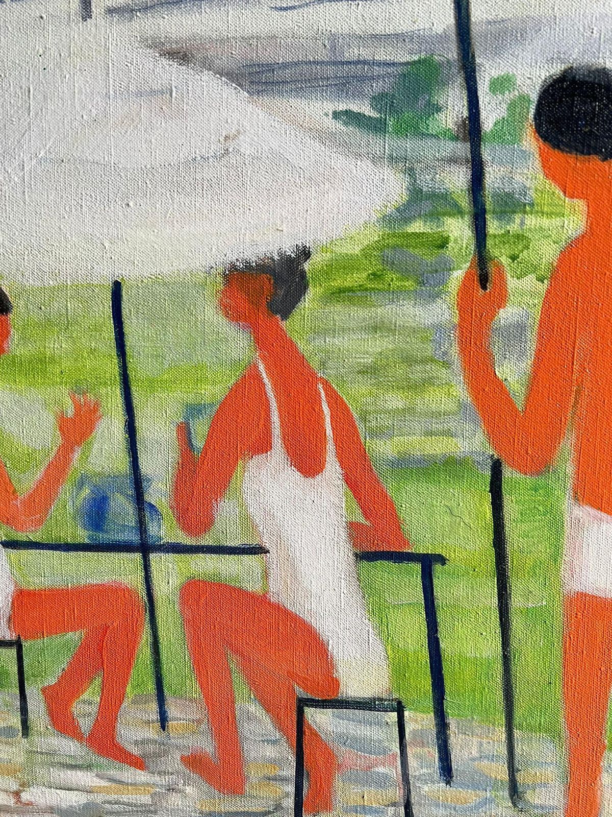 Huguette Ginet Lasnier Large Modernist French Landscape With Figures Sunbathing By The River Signed Oilc. 2000's photo vinterior
