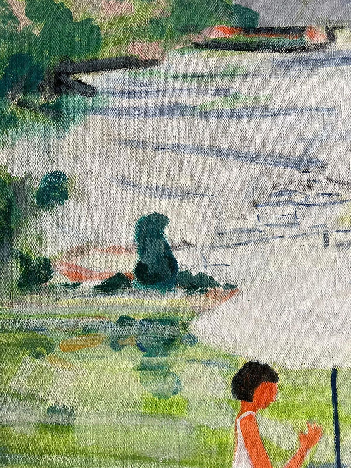Huguette Ginet Lasnier Large Modernist French Landscape With Figures Sunbathing By The River Signed Oilc. 2000's photo buy