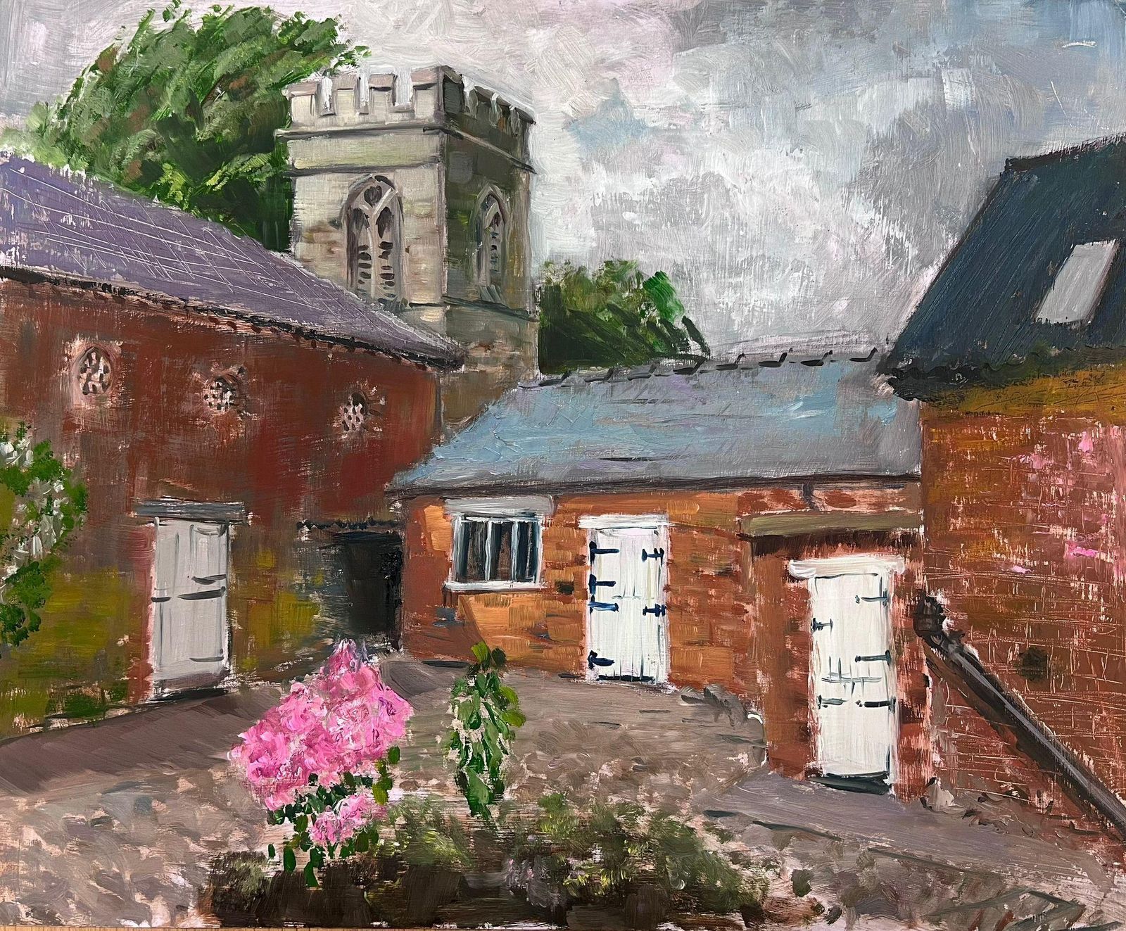 Helen Greenfieldcharming English Courtyard Scene With Church Tower And Brick Buildings photo furniture