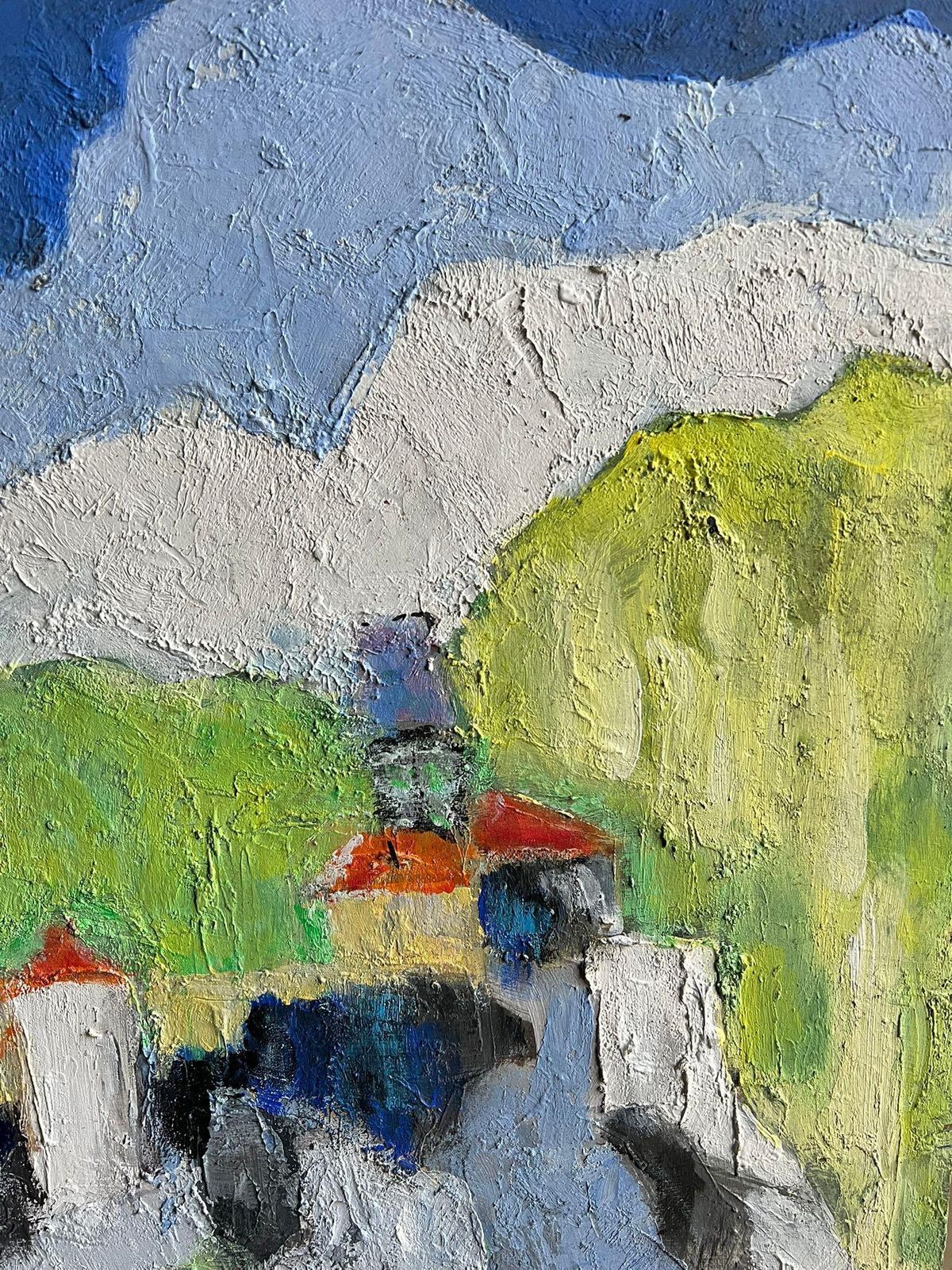French Schoolmodern Abstract Landscape Painting A Vibrant Lakeside Village With Mountains2005 photo Art