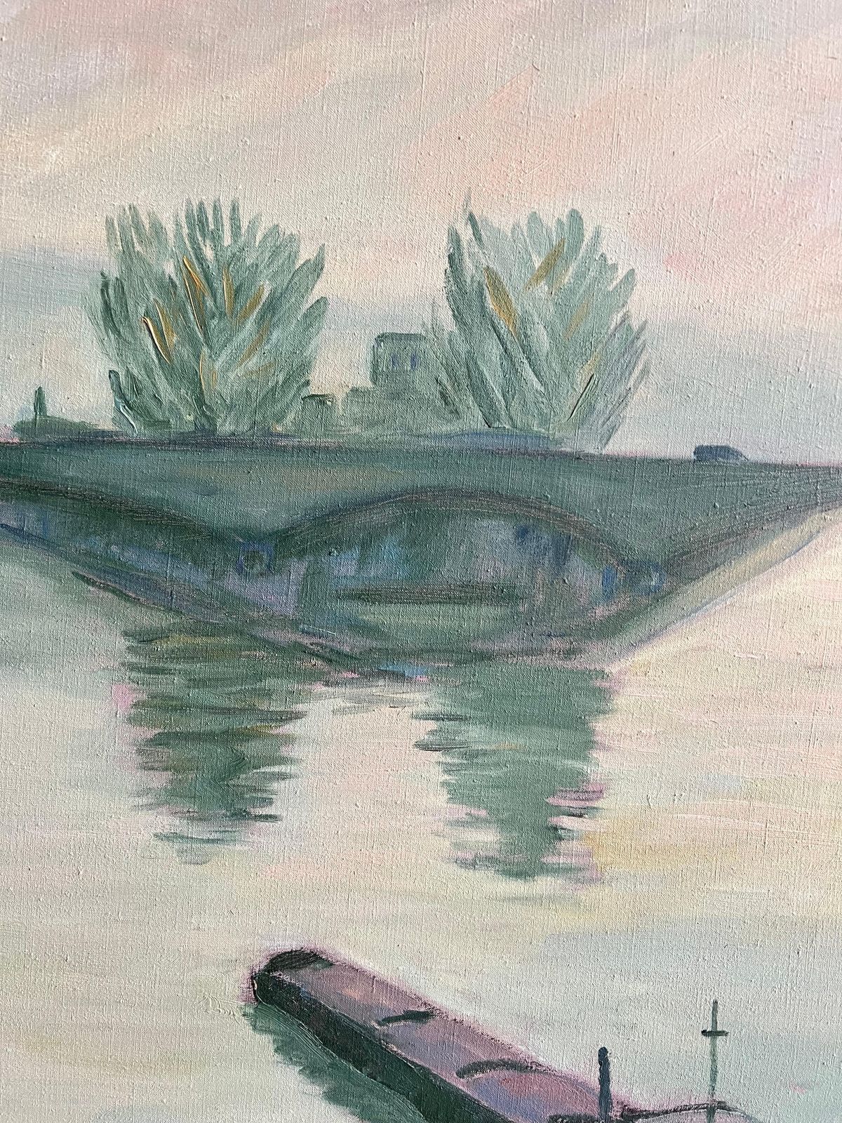 Guy Pichonfrench River Scene With Barges And Bridge At Dusk Landscape Modern Oil Painting1999 photo 1295.0