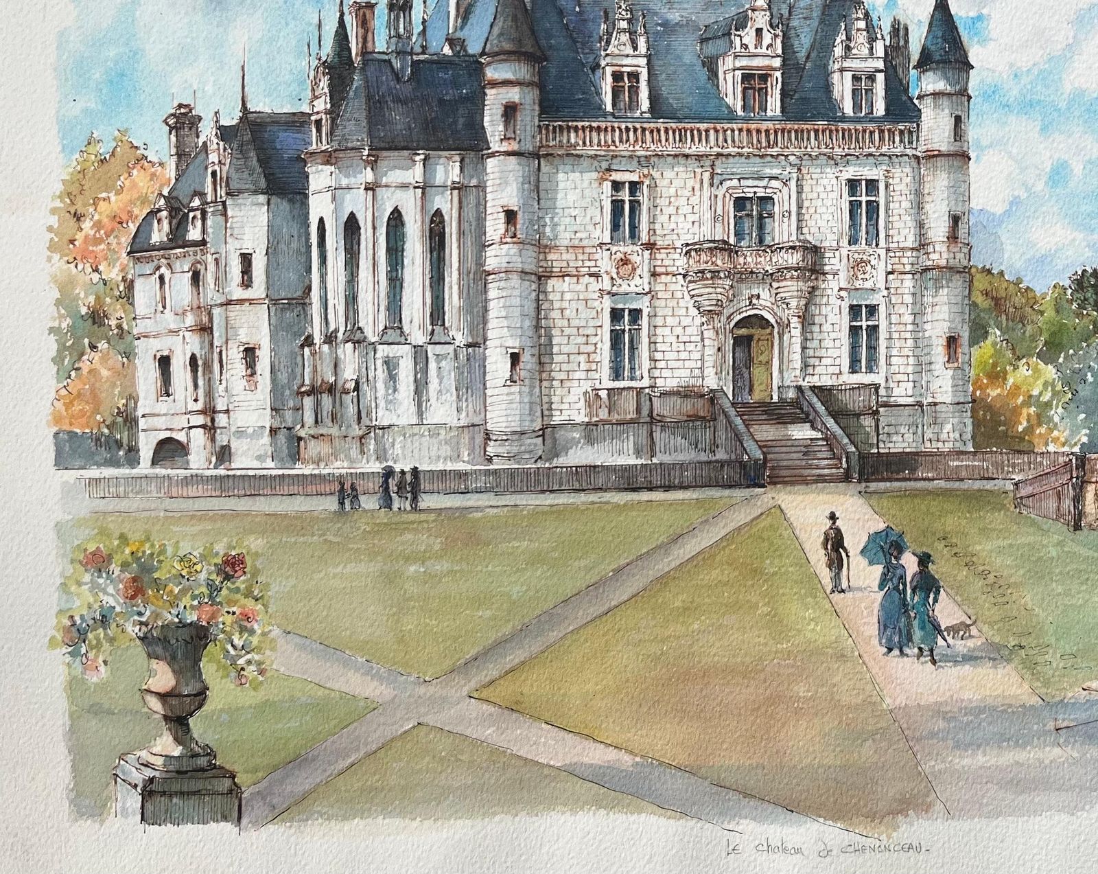 Robert Lepine (1929   2017)french Watercolor Of Château De Chenonceau With Figures And Garden Well20th Century photo Art