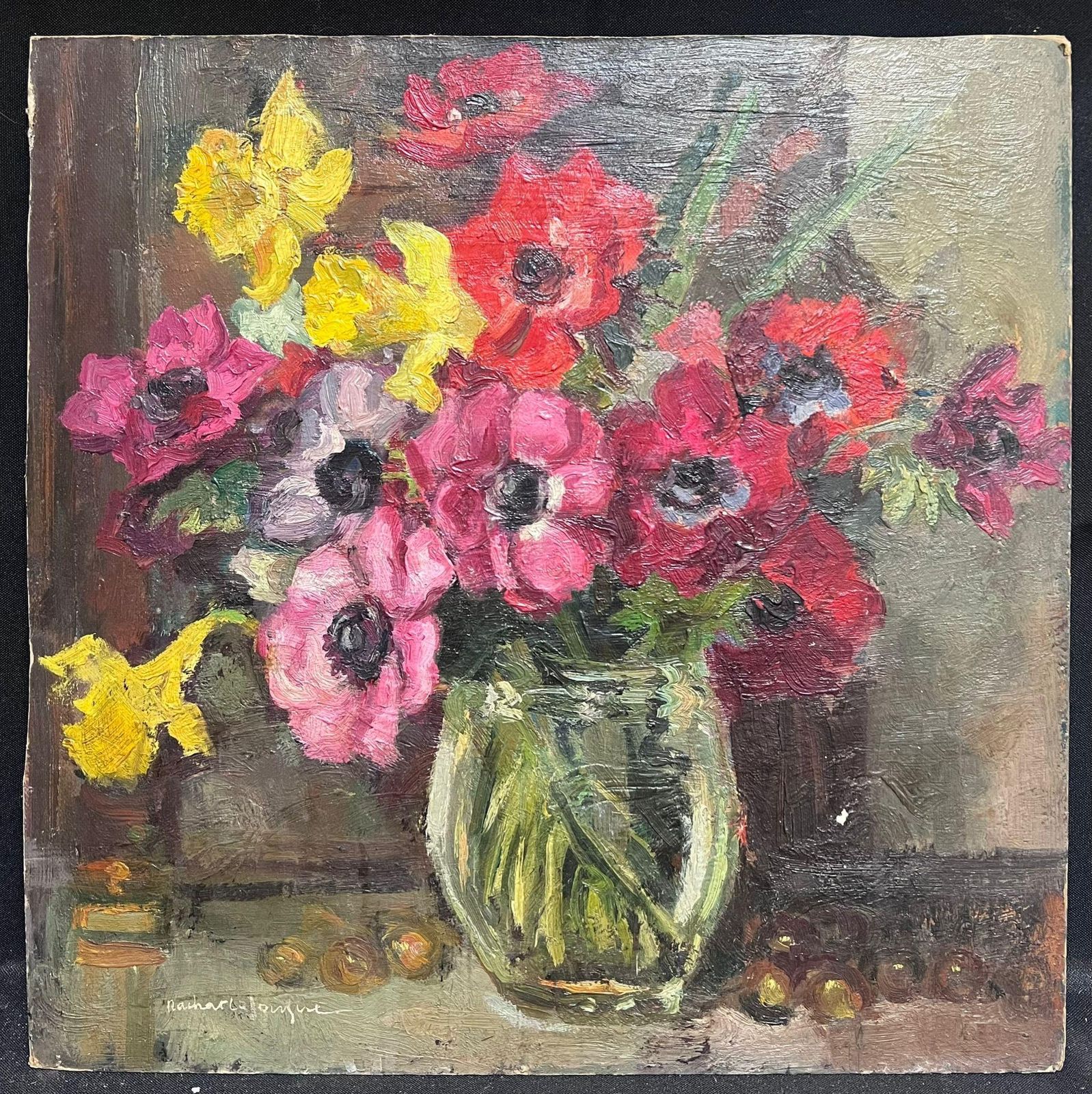 French Schoolfloral Still Life Of Bright Anemones In Glass Vase Mid 20th Century Oil Painting photo furniture