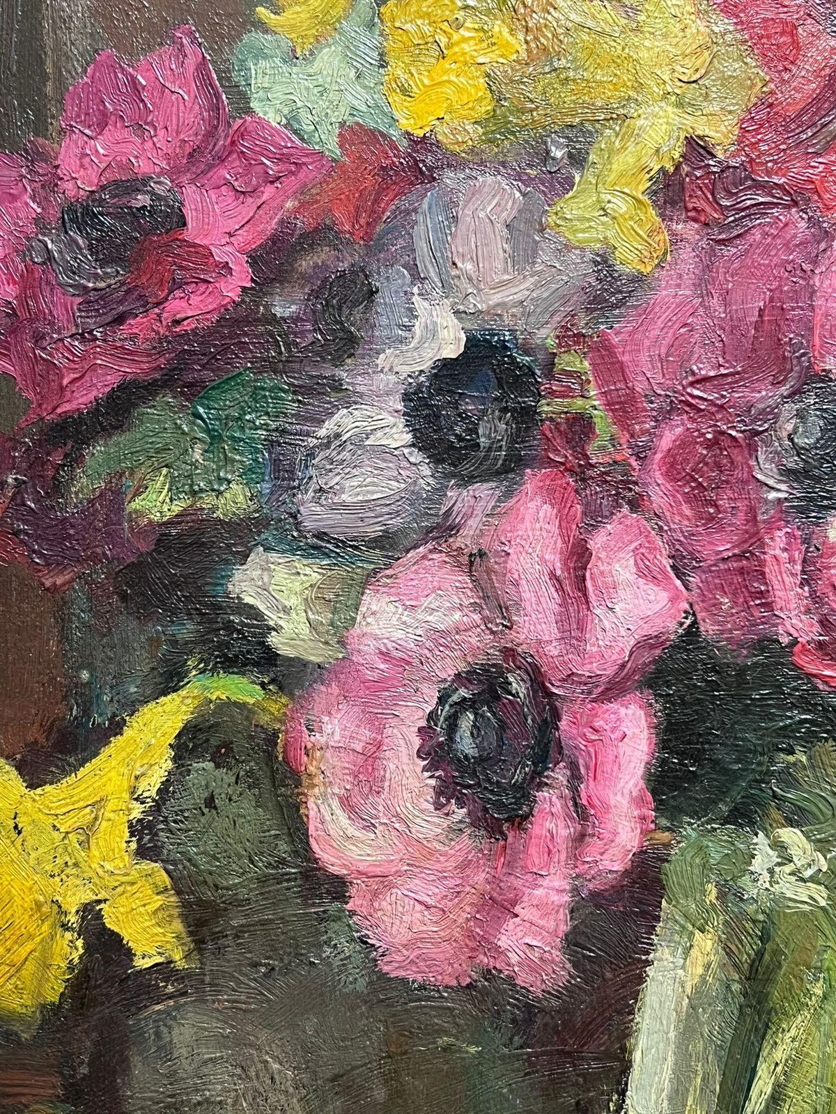French Schoolfloral Still Life Of Bright Anemones In Glass Vase Mid 20th Century Oil Painting photo Art