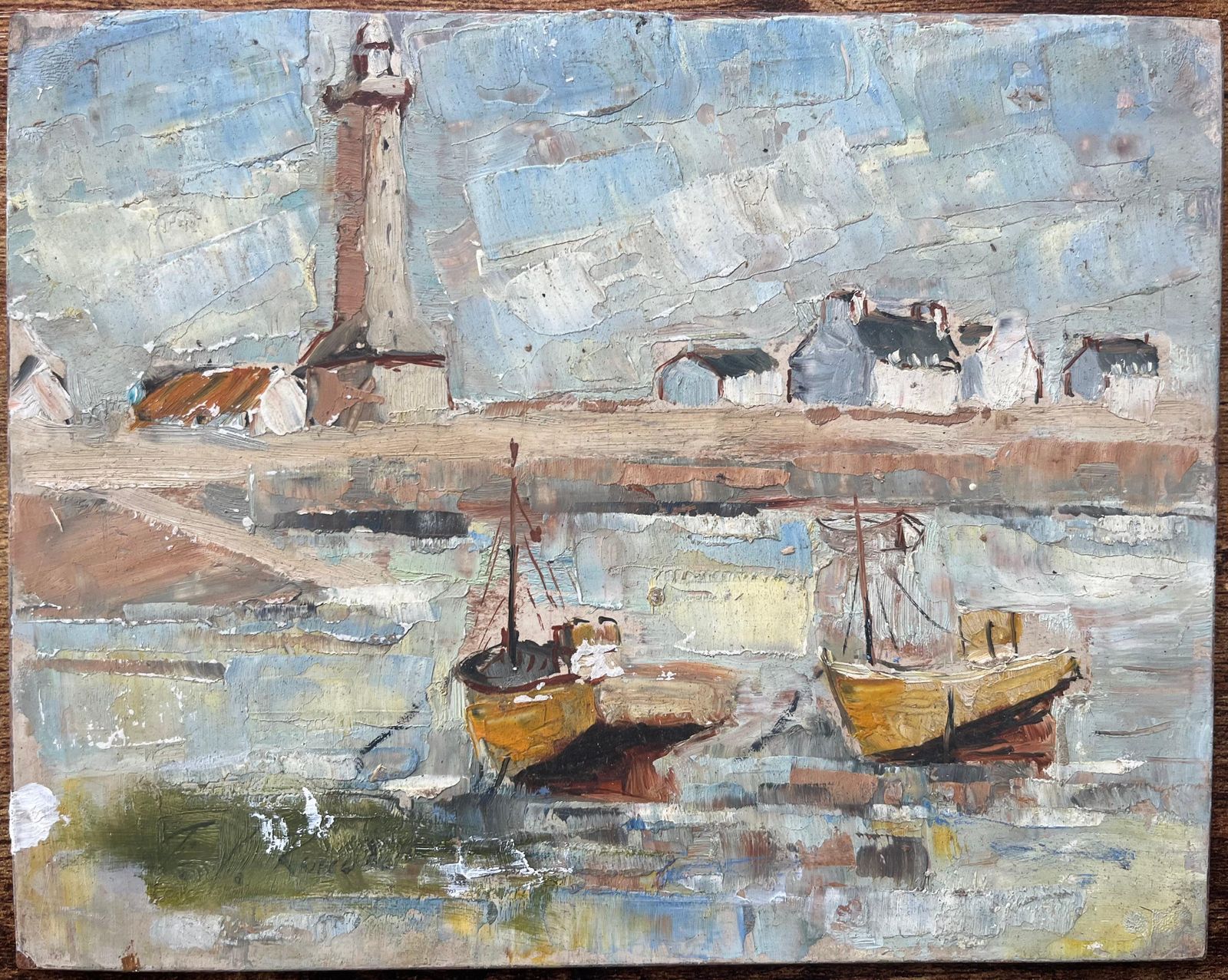F.T Rousselfrench Mid Century Oil Painting Of Fishing Boats And Lighthouse photo furniture