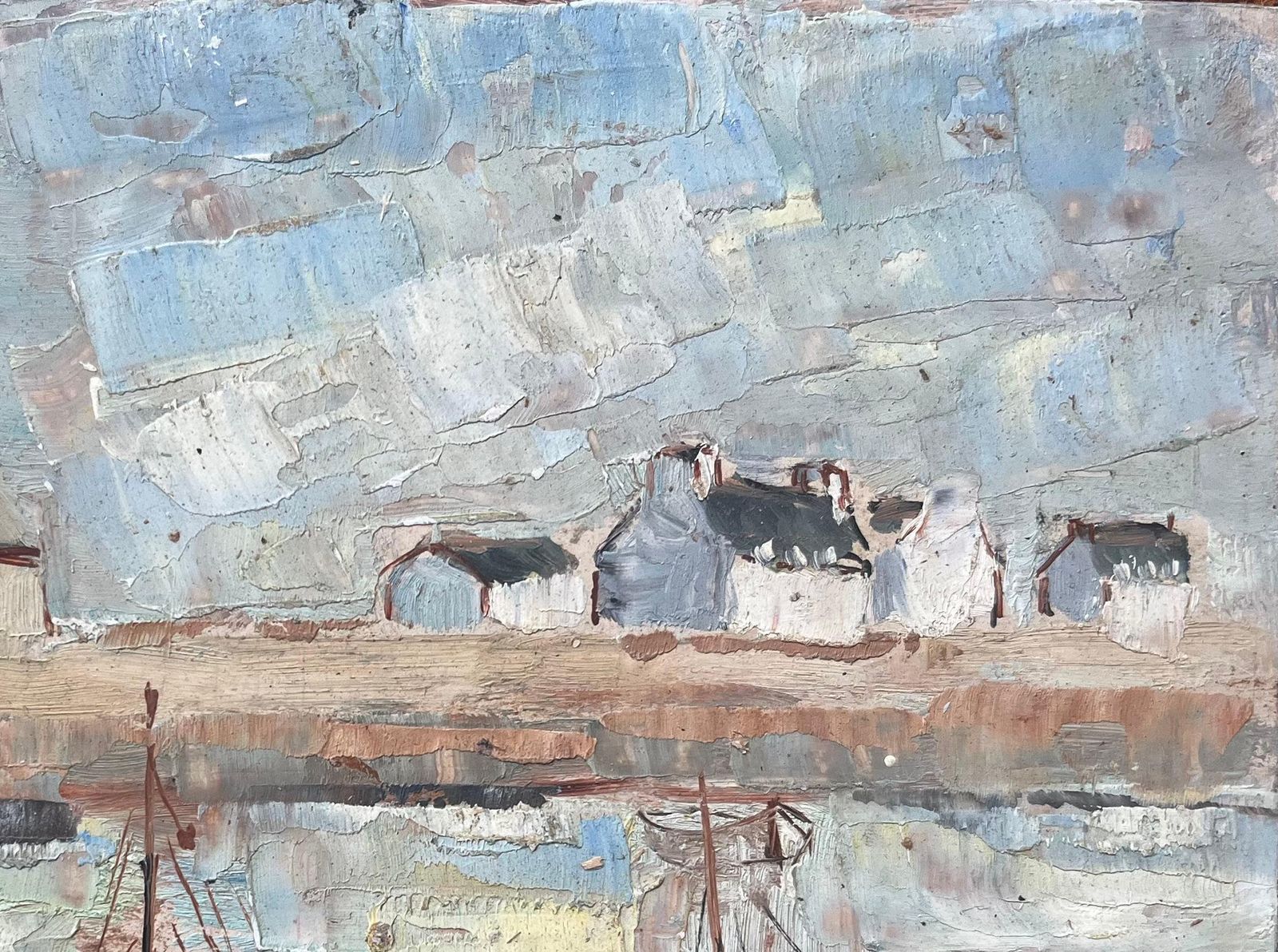 F.T Rousselfrench Mid Century Oil Painting Of Fishing Boats And Lighthouse photo vinterior