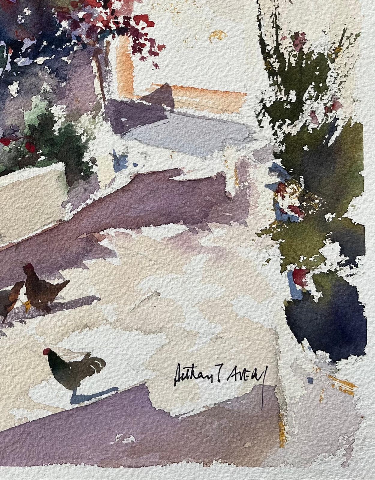 Anthony Averybritish Impressionist Watercolor Of Courtyard With Woman And Chickens photo for sale