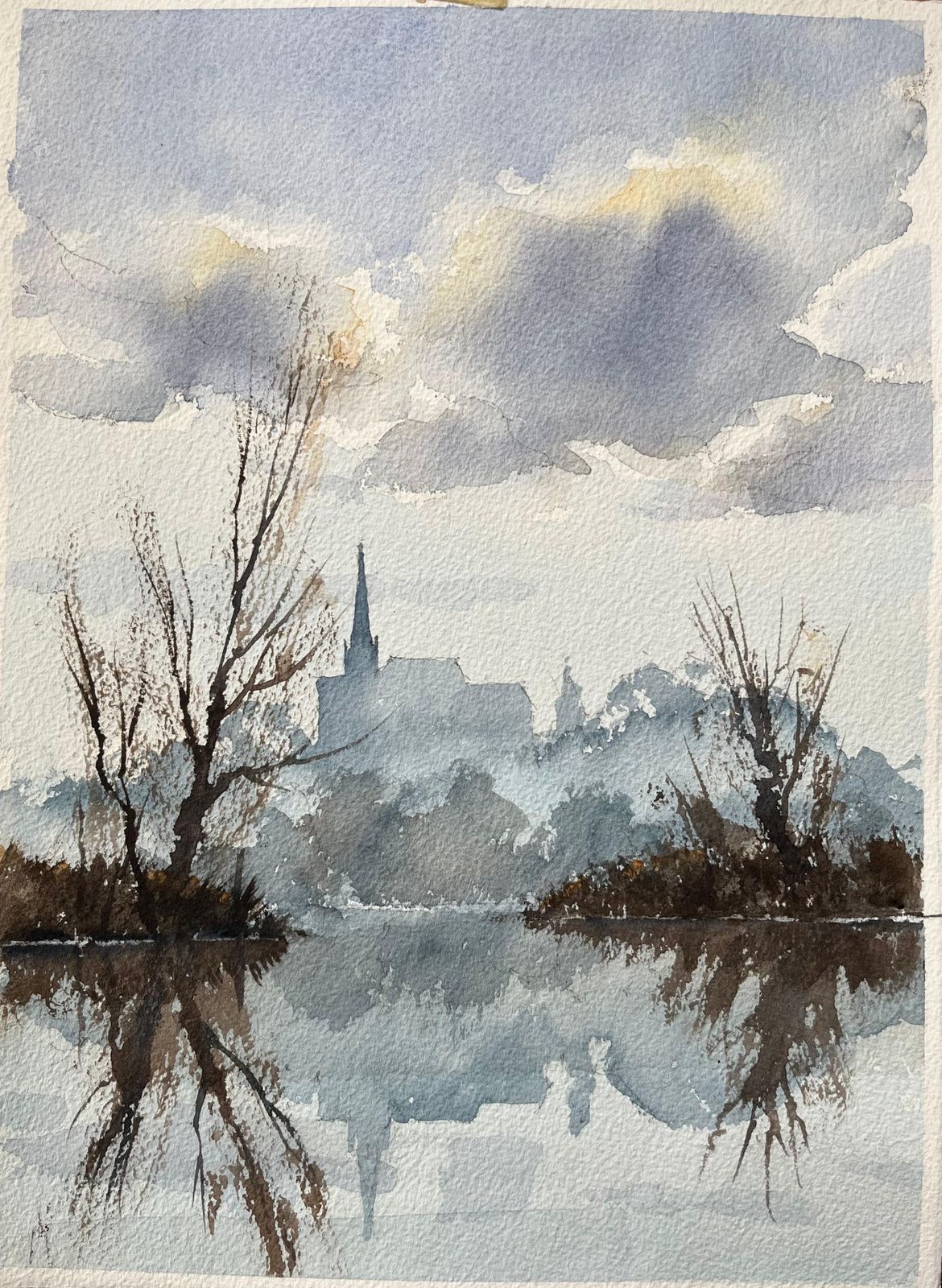 Anthony Averybritish Impressionist Watercolor Of Misty Riverside With Church Reflection